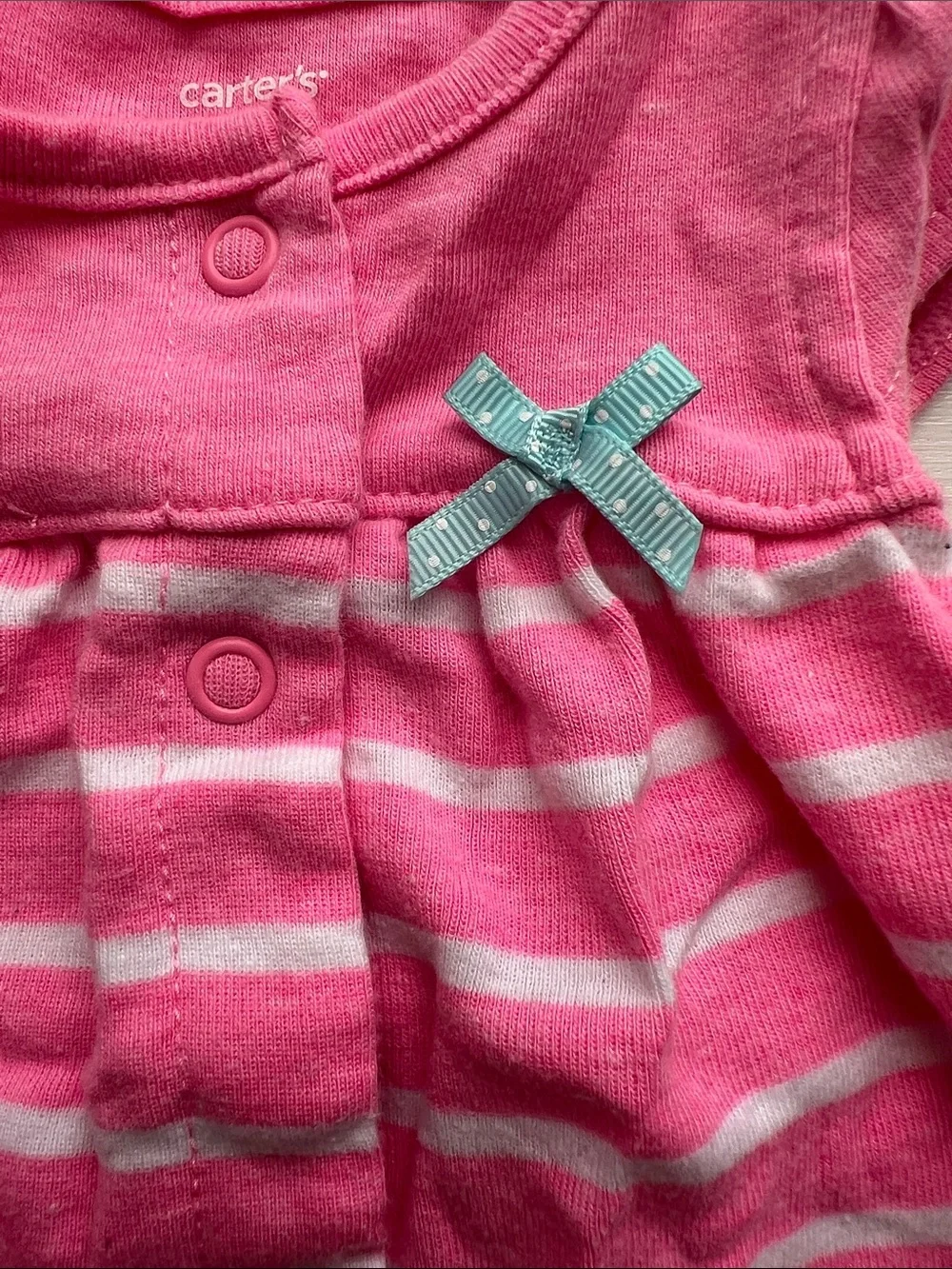 Carter's Hot Pink Striped Romper with Blue Bow Accent